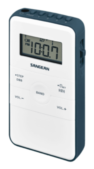Sangean DT-140 White Blue AM/FM oplaadbare pocketradio wit blauw voorzijde rechts