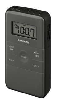 Sangean DT-140 Grey Black AM/FM oplaadbare pocketradio grijs zwart voorzijde rechts