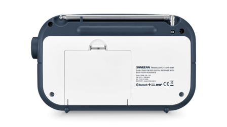 Sangean DPR-42BT White-Ink Blue DAB+/FM radio wit blauw met bluetooth werkt op batterijen/netadapter achterzijde