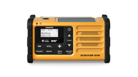 Sangean Survivor MMR-88 FM/DAB+ radio geel met zonnepaneel en dynamo voorkant