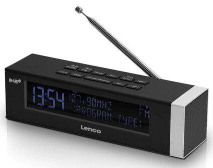 Lenco CR-630BK stereo DAB+/FM wekkerradio zwart voorzijde met antenne
