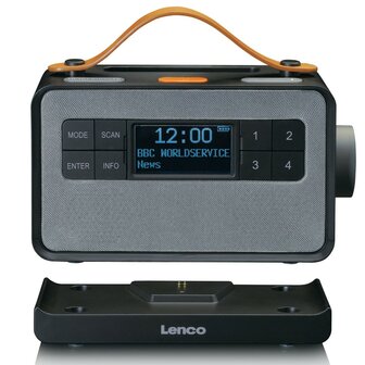 LENCO PDR-065BK draagbare senioren FM/DAB+ radio zwart voorzijde oplaadstation