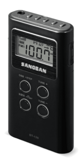 Sangean DT-120 Black AM/FM-stereo kleine zakradio zwart op batterijen voorzijde rechts