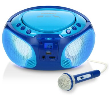 Lenco SCD-650BU draagbare FM/CD/MP3/USB kinderradio met microfoon en lichteffecten blauw