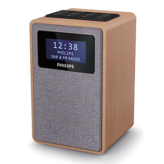 Philips TAR5005/10 DAB+/FM klokradio tuner met houten behuizing grijs voorkant rechts