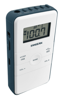 Sangean DT-140 White Blue AM/FM oplaadbare pocketradio wit blauw voorzijde links