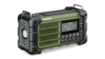 Sangean Survivor MMR-99 AM/FM radio Forest Green met zonnepaneel en dynamo voorkant links