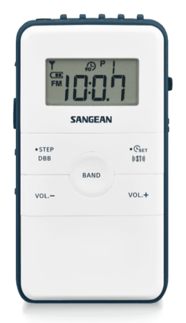 Sangean DT-140 White Blue AM/FM oplaadbare pocketradio wit blauw voorzijde