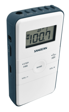 Sangean DT-140 White Blue AM/FM oplaadbare pocketradio wit blauw voorzijde links