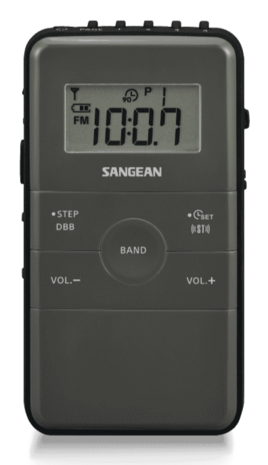 Sangean DT-140 Grey Black AM/FM oplaadbare pocketradio grijs zwart voorzijde