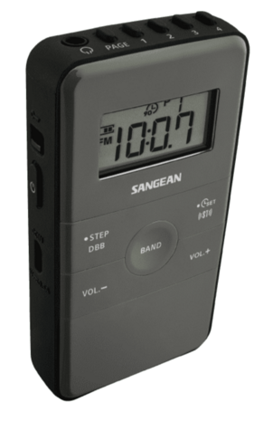 Sangean DT-140 Grey Black AM/FM oplaadbare pocketradio grijs zwart voorzijde links