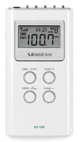 Sangean DT-120 White AM/FM-stereo kleine zakradio wit op batterijen voorzijde