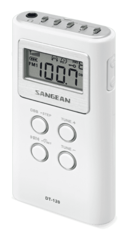 Sangean DT-120 White AM/FM-stereo kleine zakradio wit op batterijen voorzijde rechts