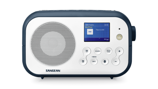 Sangean DPR-42BT White-Ink Blue DAB+/FM radio wit blauw met bluetooth werkt op batterijen/netadapter voorzijde