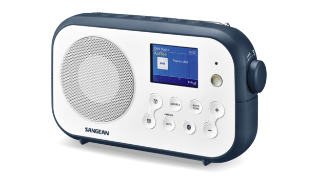 Sangean DPR-42BT White-Ink Blue DAB+/FM radio wit blauw met bluetooth werkt op batterijen/netadapter voorzijde rechts