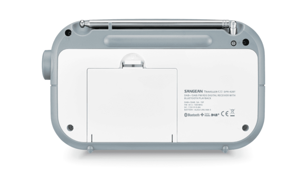 Sangean DPR-42BT White-Grey DAB+/FM radio wit grijs met bluetooth werkt op batterijen/netadapter achterzijde