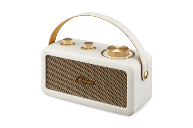 Sangean RA-101 Ivory Gold draagbare FM radio met bluetooth en aux speaker oplaadbaar ivoor goud voorzijde rechts
