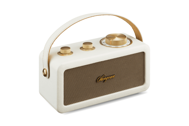 Sangean RA-101 Ivory Gold draagbare FM radio met bluetooth en aux speaker oplaadbaar ivoor goud voorzijde links