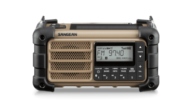 Sangean Survivor MMR-99 AM/FM radio Desert Tan met zonnepaneel en dynamo voorkant