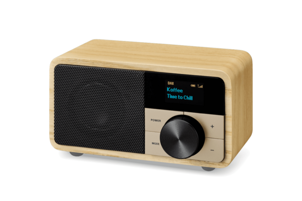 Sangean DDR-7 Natural Wood mini DAB+/FM radio met bluetooth en aux licht hout voorzijde rechts