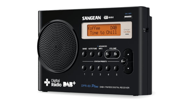 Sangean DPR-69+ Black DAB+/FM-RDS draagbare en oplaadbare radio zwart voorzijde rechts