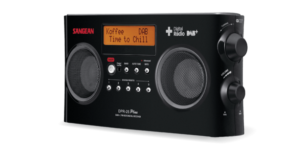 Sangean DPR-25+ Black DAB+/FM-RDS digitale oplaadbare stereo radio zwart voorzijde rechts