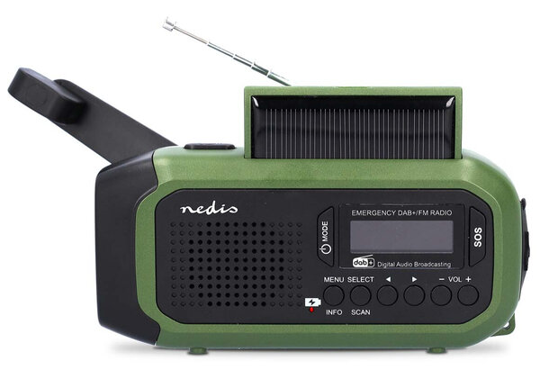 Nedis RDDBCR2000GN DAB+/FM draagbare noodradio met zonnepaneel groen voorzijde