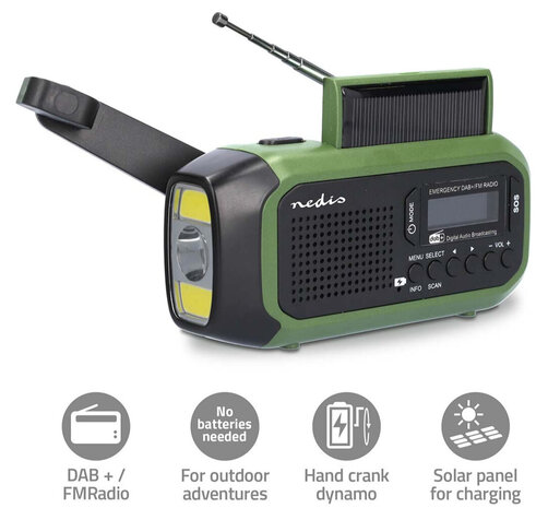 Nedis RDDBCR2000GN DAB+/FM draagbare noodradio met zonnepaneel groen functies
