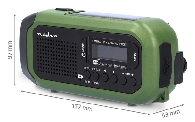 Nedis RDDBCR2000GN DAB+/FM draagbare noodradio met zonnepaneel groen afmetingen