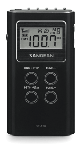 Sangean DT-120 Black AM/FM-stereo kleine zakradio zwart op batterijen voorzijde