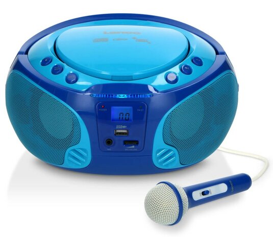 Lenco SCD-650BU draagbare FM/CD/MP3/USB kinderradio met microfoon en lichteffecten blauw