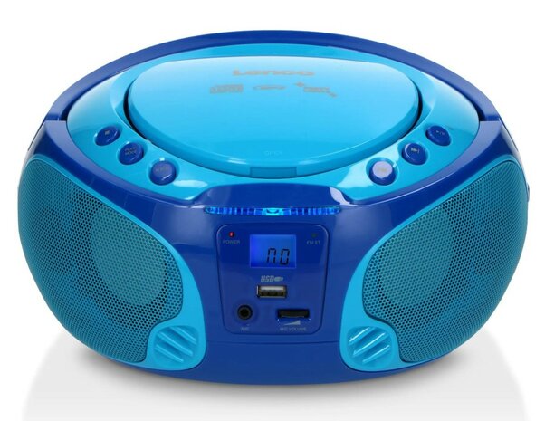 Lenco SCD-650BU draagbare FM/CD/MP3/USB kinderradio met microfoon en lichteffecten blauw