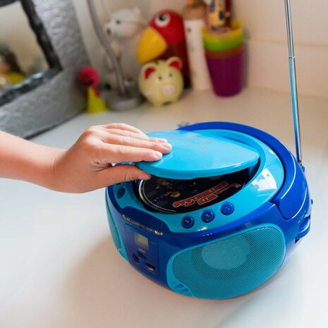 Lenco SCD-650BU draagbare FM/CD/MP3/USB kinderradio met microfoon en lichteffecten blauw