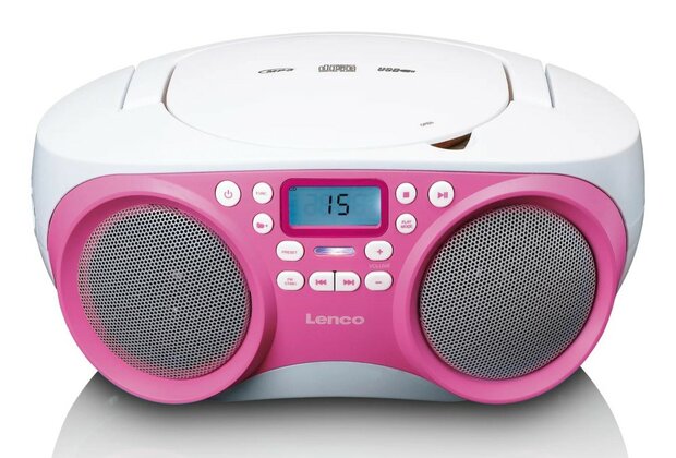 Lenco SCD-301PK draagbare FM/CD/MP3/USB kinderradio roze wit