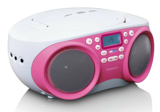 Lenco SCD-301PK draagbare FM/CD/MP3/USB kinderradio roze wit