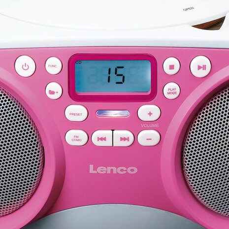 Lenco SCD-301PK draagbare FM/CD/MP3/USB kinderradio roze wit