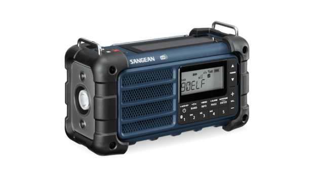 Sangean Survivor MMR-99 FM/DAB+ radio Ocean Blue met zonnepaneel en dynamo voorkant links