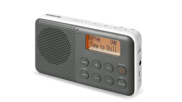 Sangean DPR-64 Grey-White DAB+/FM-RDS digitale oplaadbare zakradio grijs wit voorzijde rechts