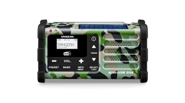 Sangean Survivor MMR-88 FM/DAB+ radio met camouflage zonnepaneel en dynamo voorkant