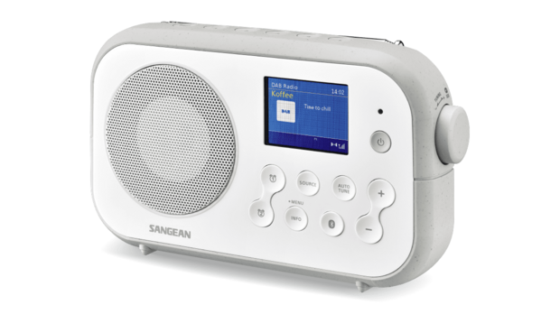 Sangean DPR-42BT White-Stone Blue DAB+/FM radio wit grijs met bluetooth werkt op batterijen/netadapter voorzijde rechts